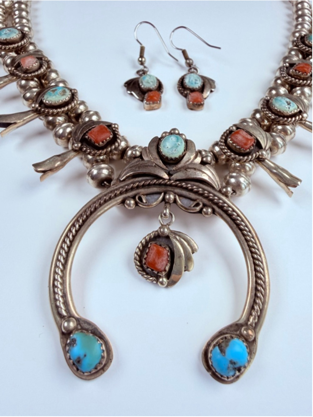 Old Pawn Navajo Squash Blossom Turquoise Coral Sterling VTG Necklace, Earrings - Picture 5 of 11